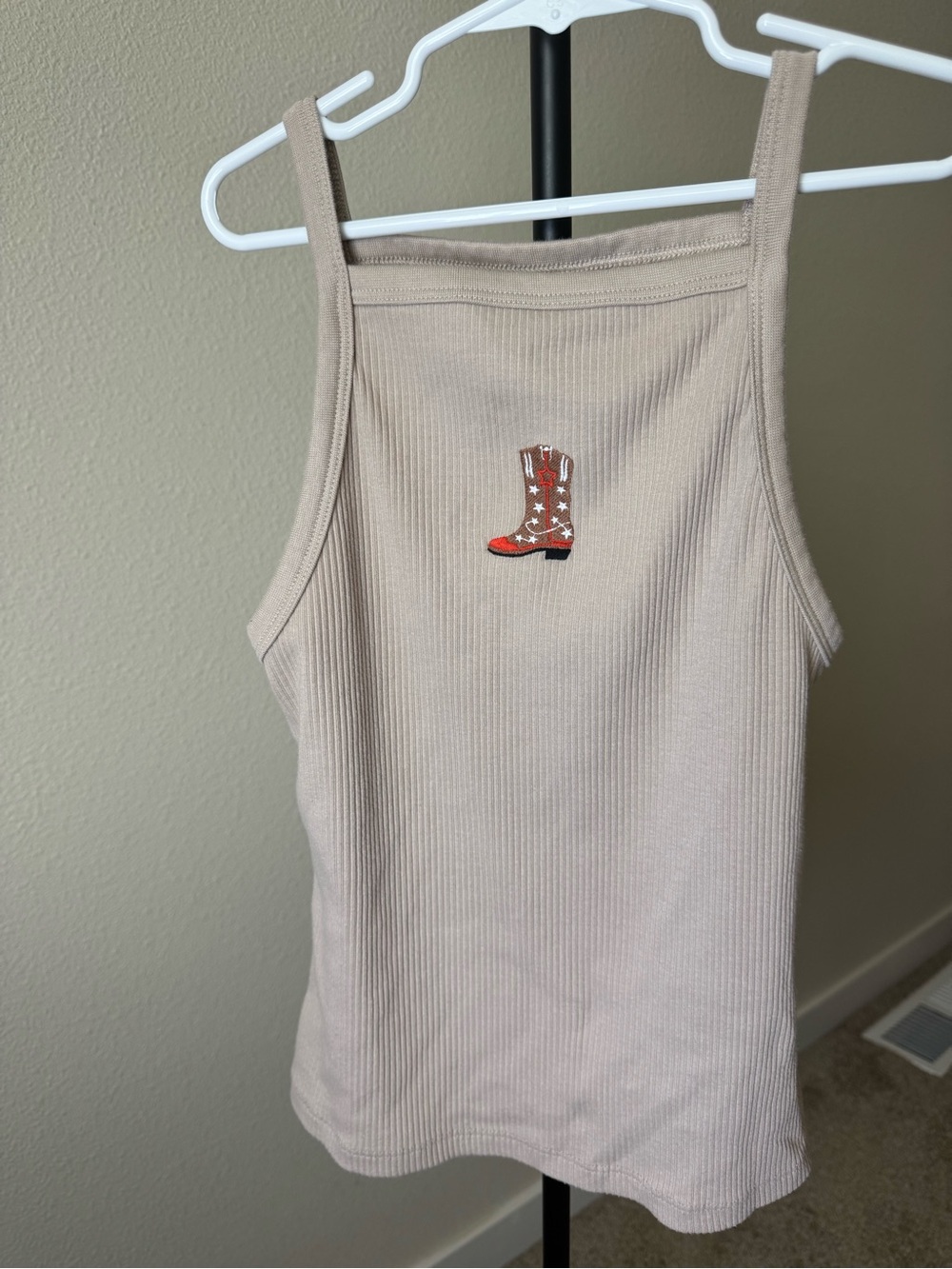 Beige Ribbed Tank with Embroidered Cowboy Boot